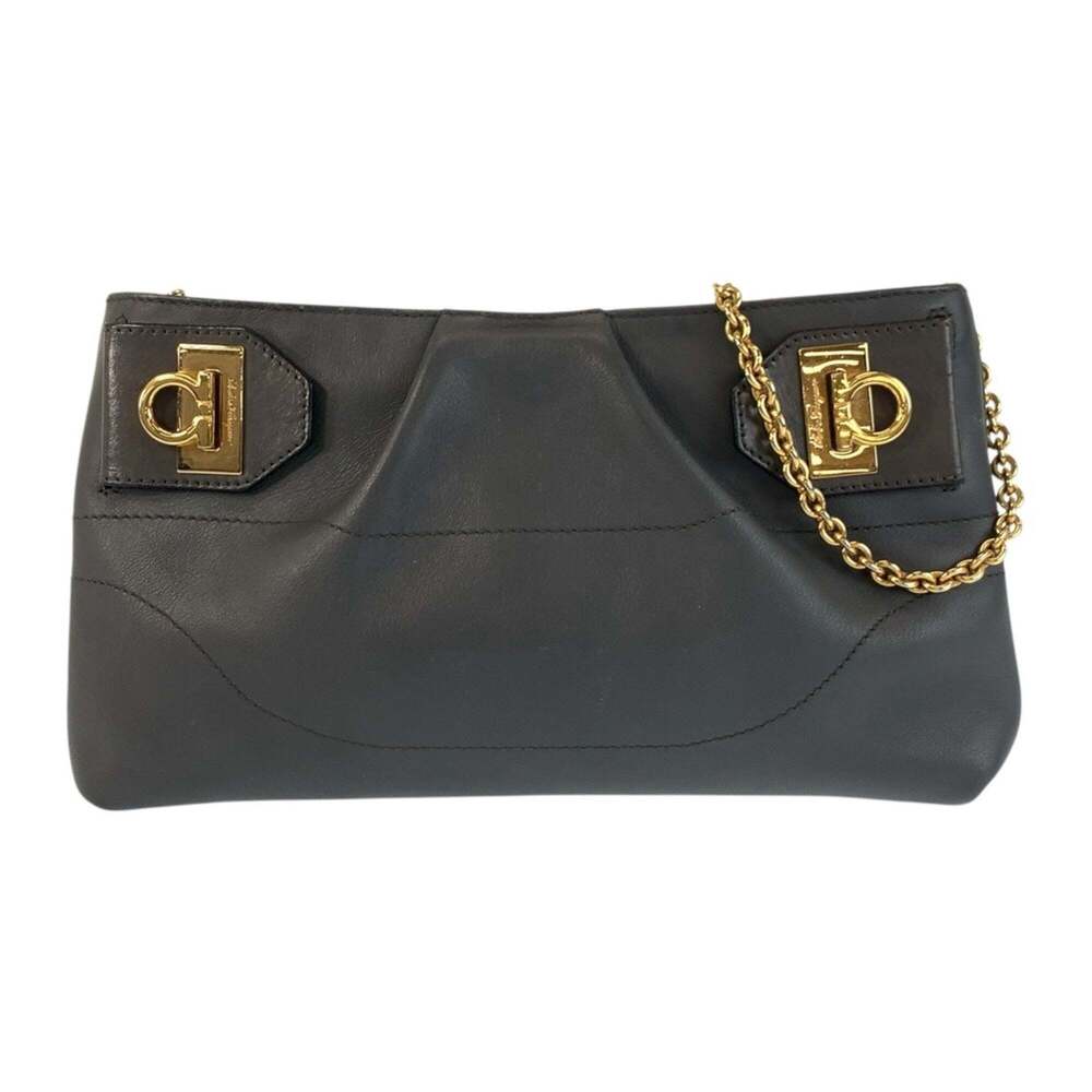 Salvatore Ferragamo Gancini Gray Leather Shoulder Bag with Gold Hardware, AU-...